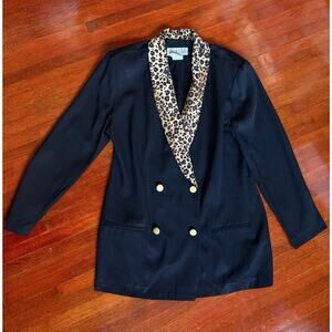 Vintage 90s Y2K Dani Max Black Animal Print Leopard Blazer Jacket Large Layering